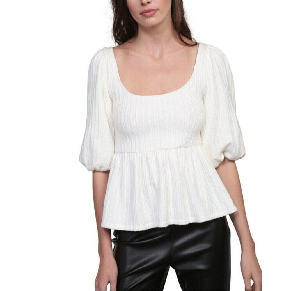 NWT Line & Dot Thea‎ Baloon Sleeve Knit Top Size Med Peplum Cottagecore Prairie
